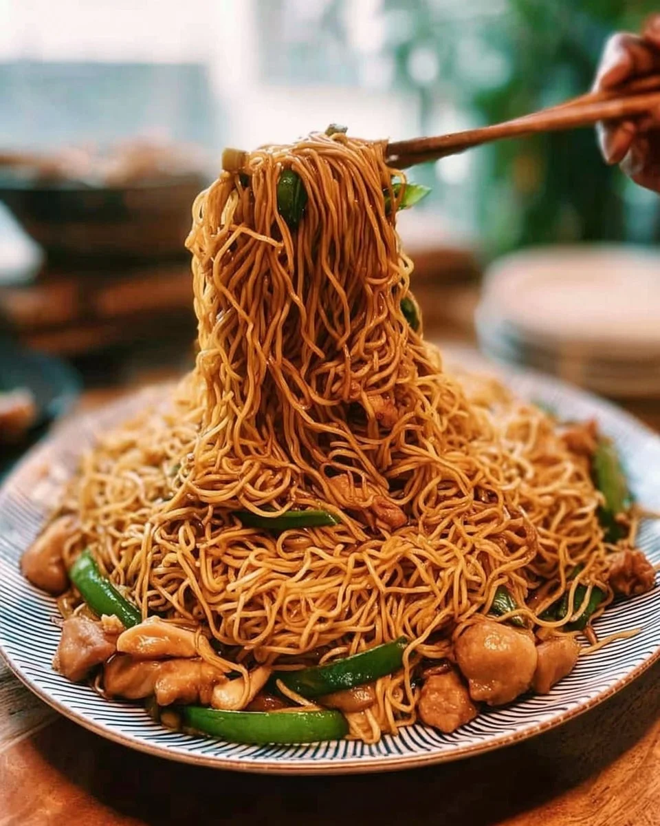 Plate of Chicken Chow Mein with colorful vegetables and chicken strips