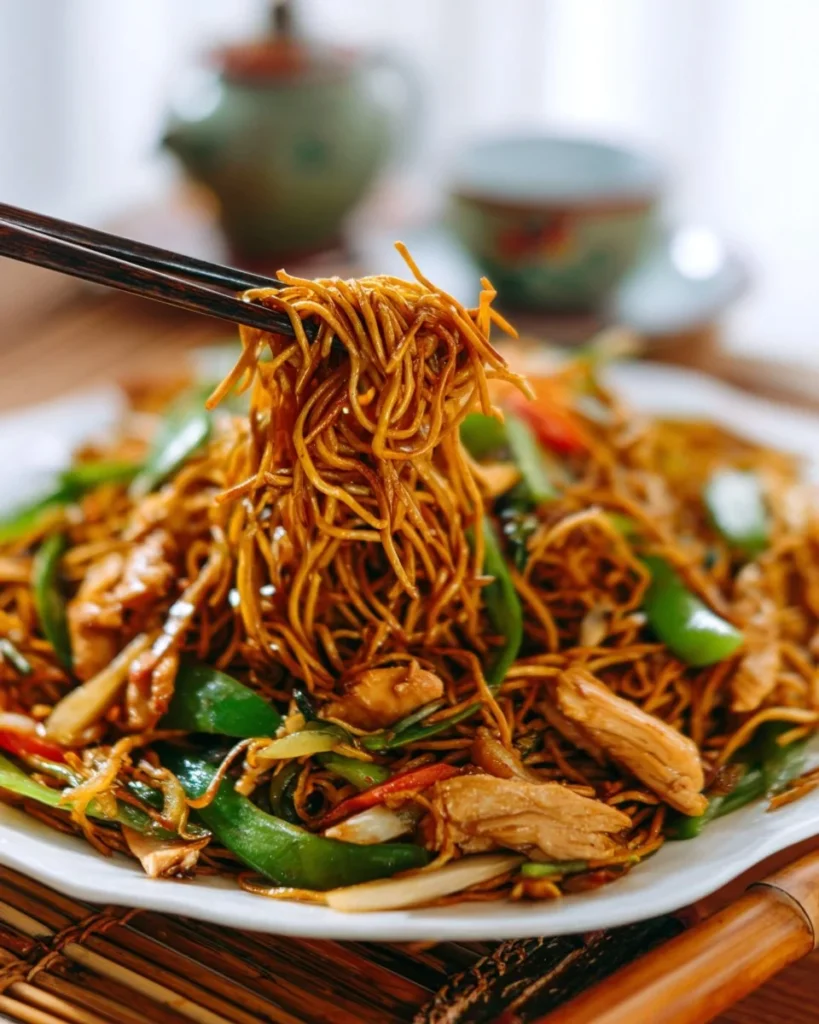 Delicious Chicken Chow Mein with tender chicken, fresh vegetables, and golden noodles.