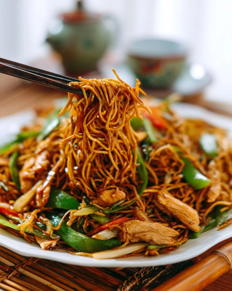 Delicious Chicken Chow Mein with tender chicken, fresh vegetables, and golden noodles.