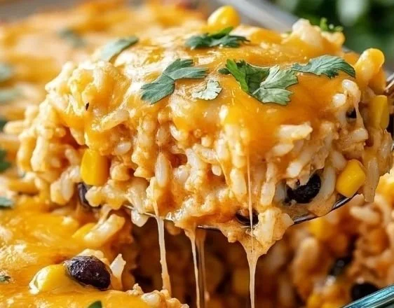 Chicken Enchilada Rice Casserole with cheese and spices in a baking dish