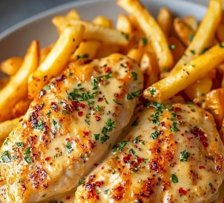 Crispy chicken fillet in spicy garlic-parmesan sauce with golden fries