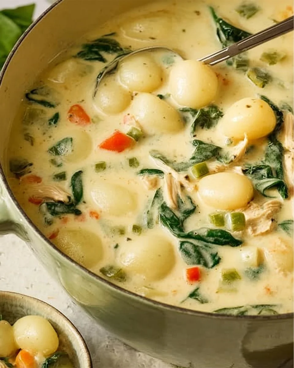 A bowl of delicious homemade Chicken Gnocchi Soup with herbs and chicken chunks