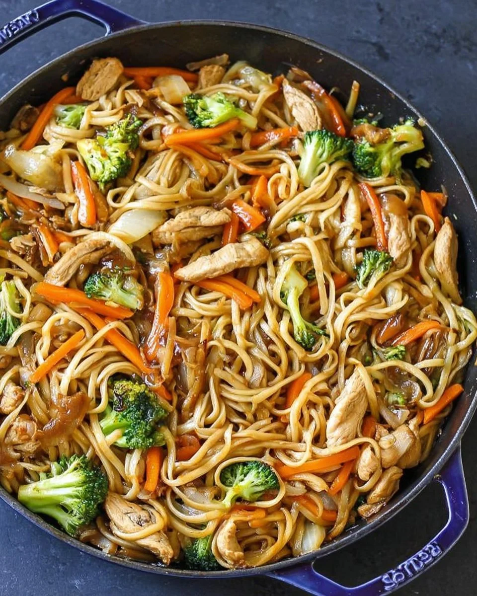 Bowl of Chicken Lo Mein with vegetables and noodles