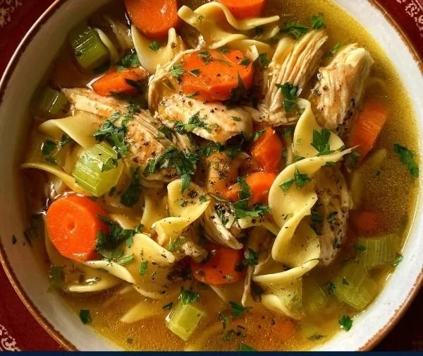 Bowl of comforting chicken noodle soup with fresh ingredients