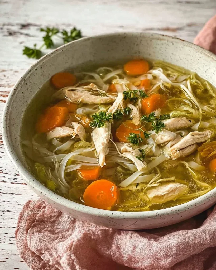 Delicious bowl of homemade Chicken Noodle Soup with fresh vegetables and herbs