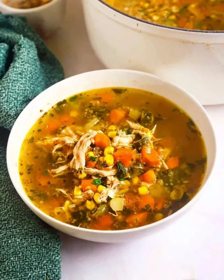 Bowl of Chicken Poblano Soup garnished with cilantro and lime.