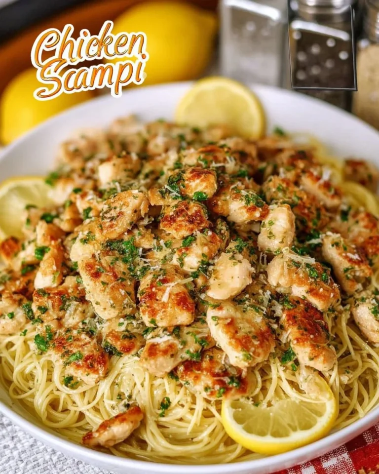 Delicious Chicken Scampi with garlic, shrimp, and a rich sauce on a plate.