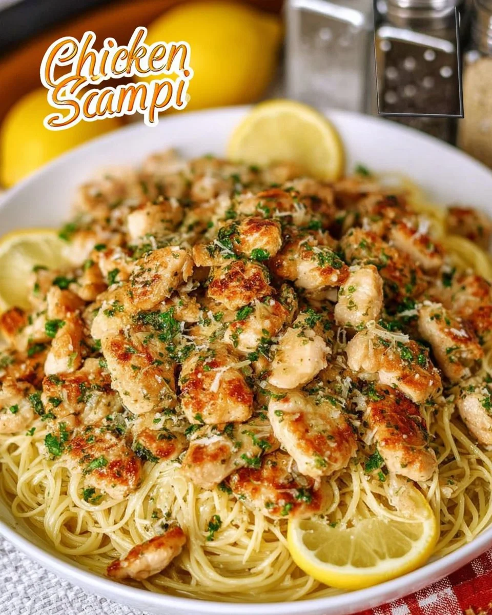 Delicious Chicken Scampi with garlic, shrimp, and a rich sauce on a plate.