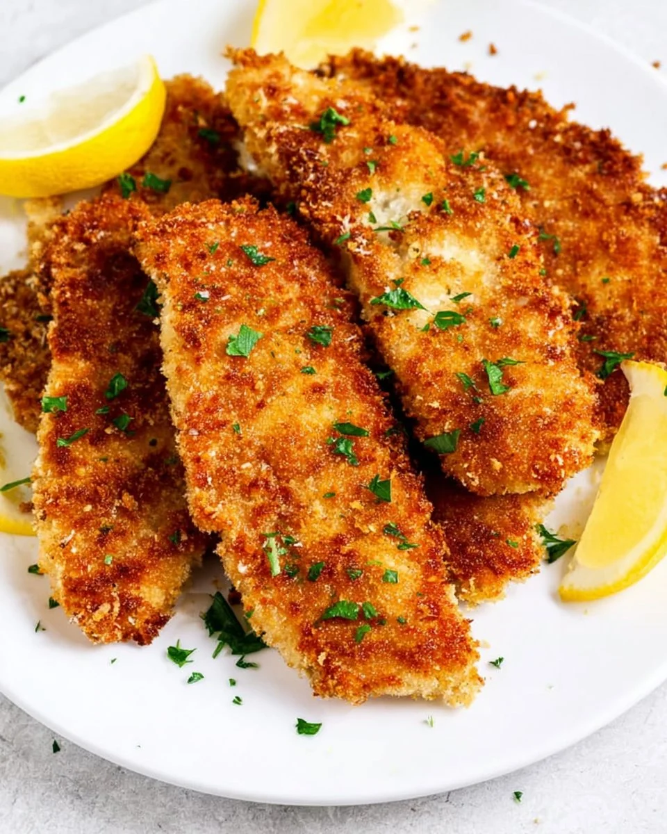 Crispy Chicken Schnitzel served with lemon and parsley on a plate