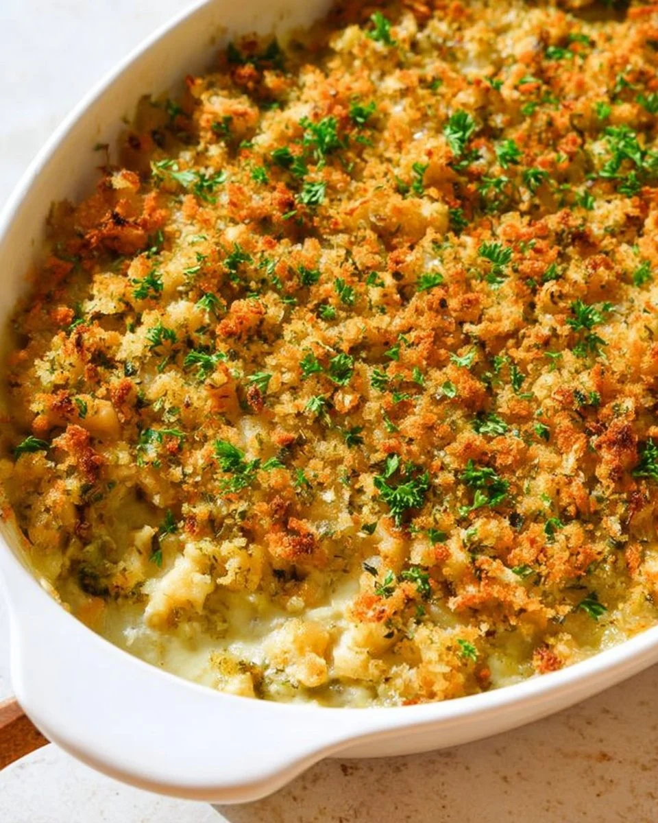 Delicious Chicken Stuffing Casserole topped with crispy herbs and cheese