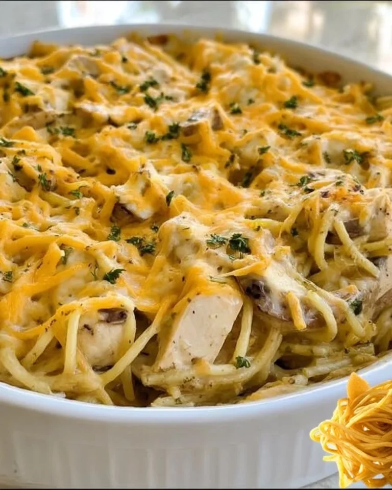 Delicious Chicken Tetrazzini served in a creamy sauce with pasta and chicken pieces