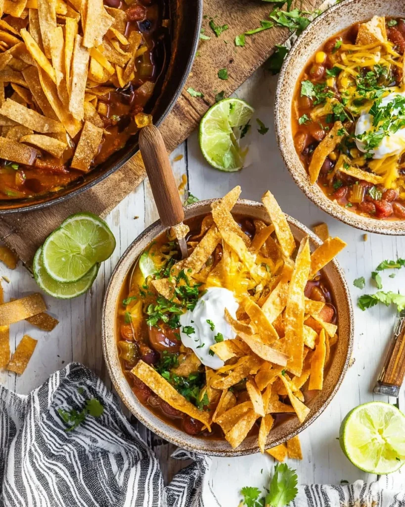 A delicious bowl of Chicken Tortilla Soup topped with crispy tortilla strips and fresh herbs.