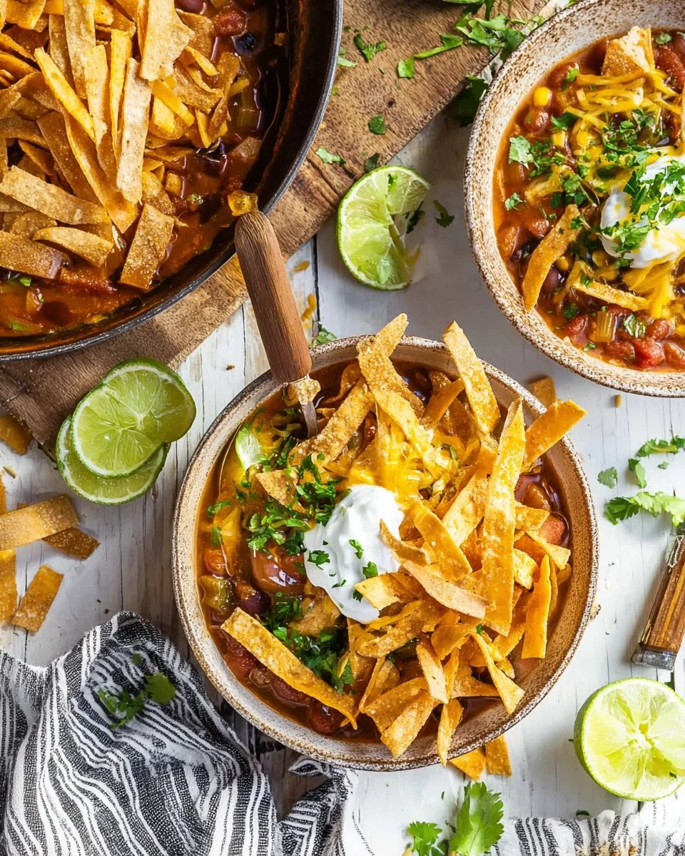 A delicious bowl of Chicken Tortilla Soup topped with crispy tortilla strips and fresh herbs.