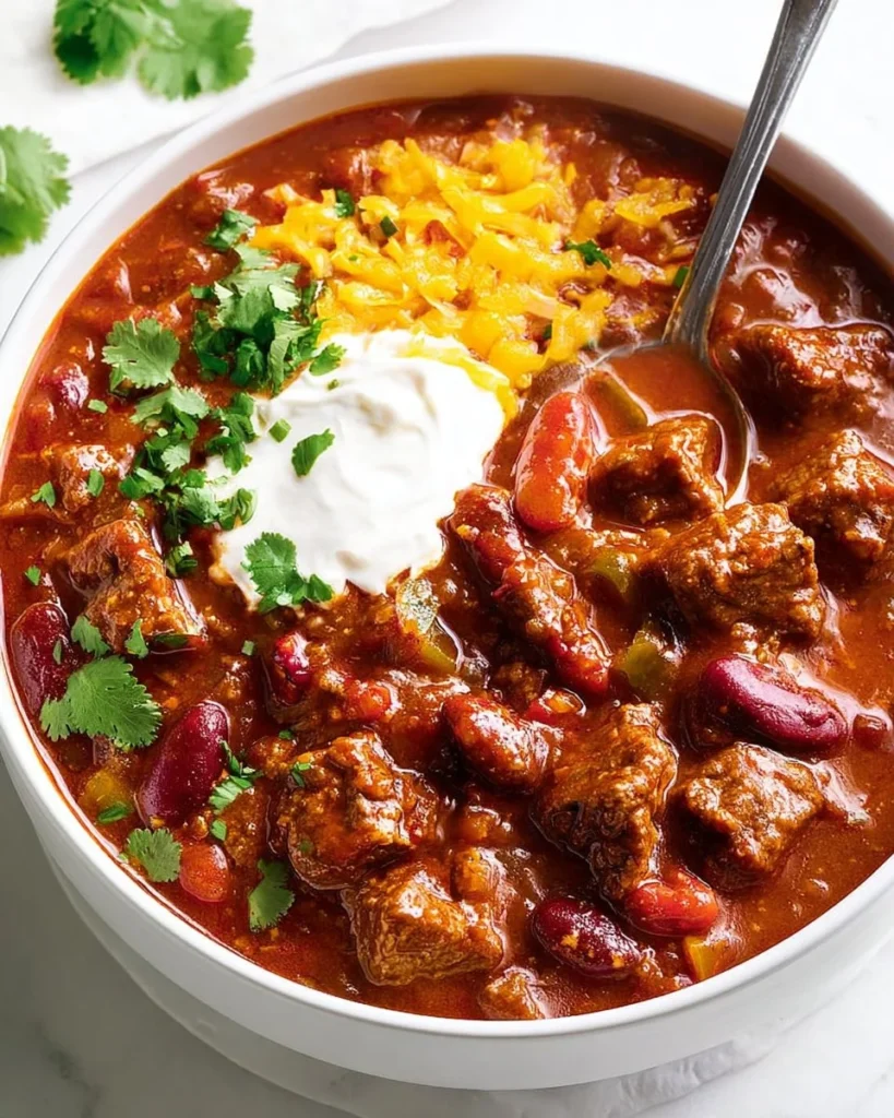 A bowl of delicious Chili with Meat topped with cheese and herbs.