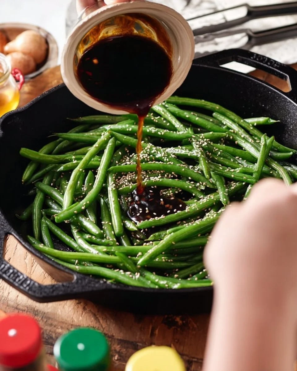 Plate of sautéed Chinese green beans with garlic and soy sauce