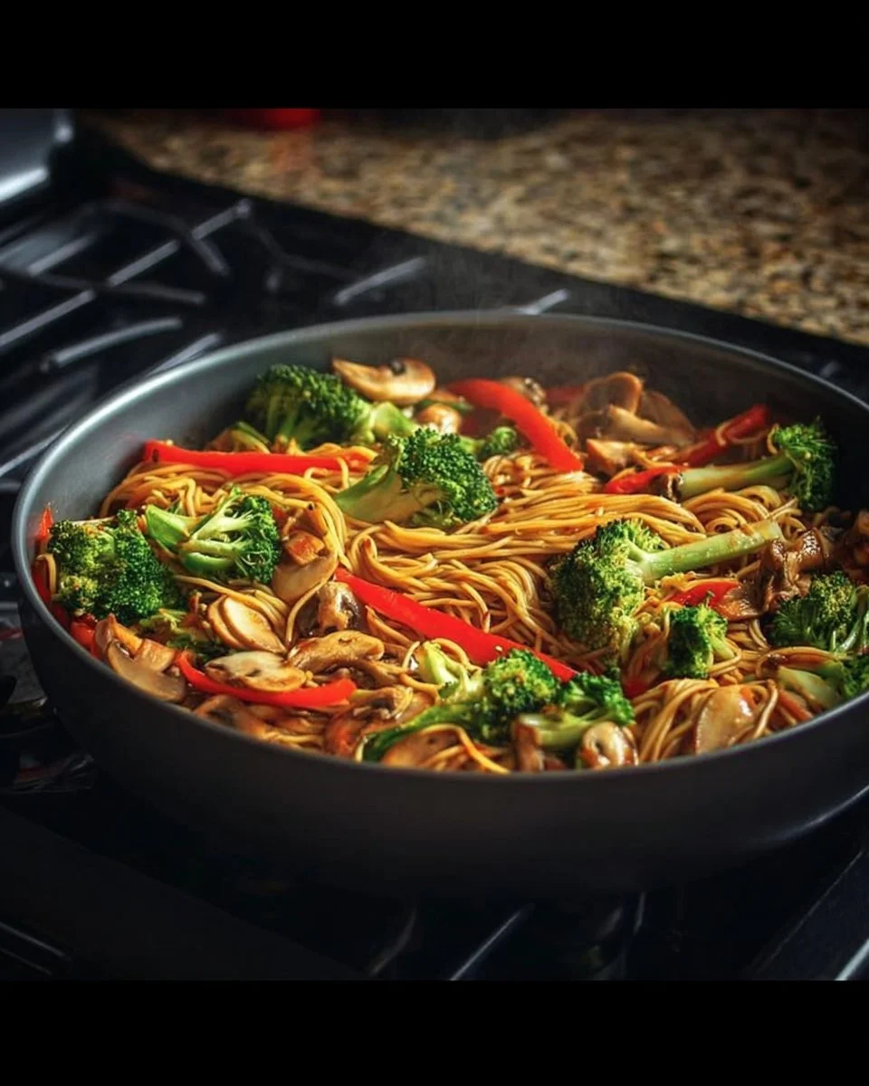 Delicious Chinese style spaghetti with vibrant vegetables and savory sauce