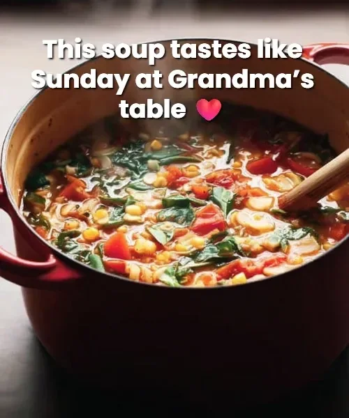 Bowl of chunky autumn vegetable soup with colorful vegetables