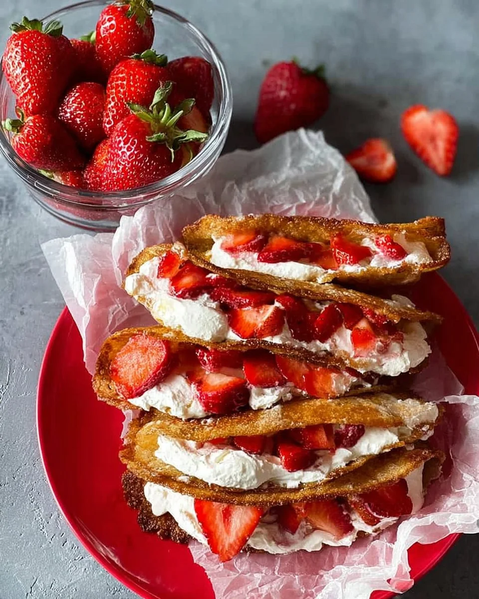 Churro dessert tacos filled with strawberries and cream garnished with whipped cream