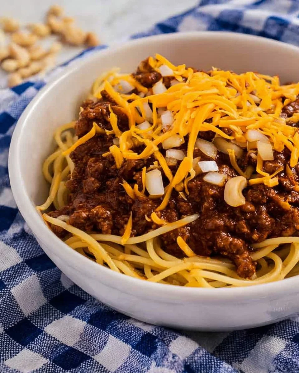 Delicious plate of Cincinnati Chili served over spaghetti with toppings