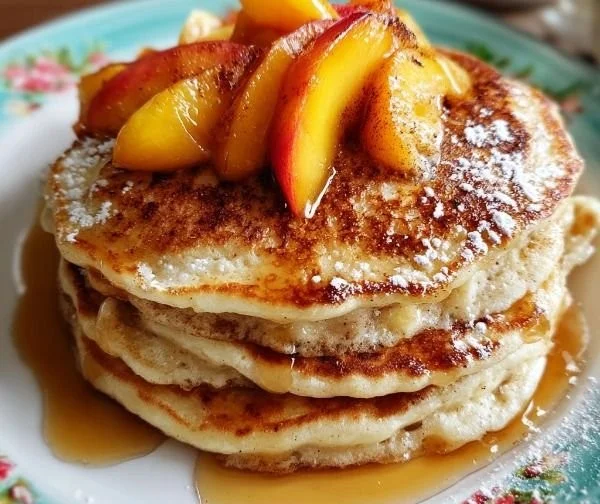 Fluffy cinnamon peach pancakes stacked on a plate with fresh peaches