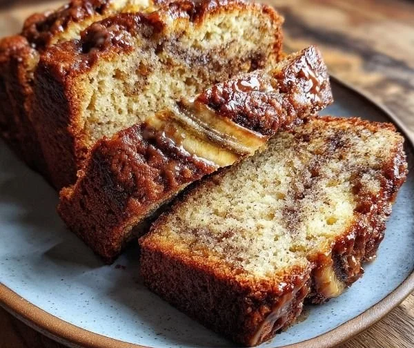 Freshly baked cinnamon swirl banana bread on a wooden table