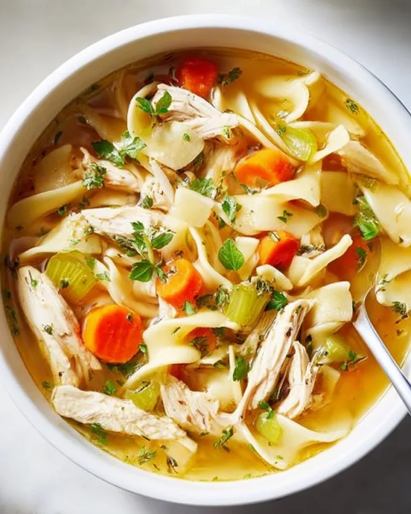Bowl of Classic Chicken Noodle Soup with vegetables and noodles