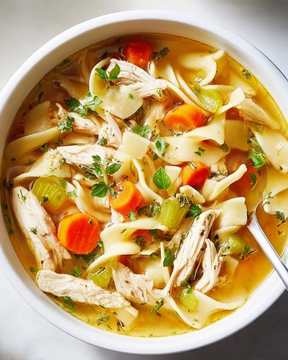 Bowl of Classic Chicken Noodle Soup with vegetables and noodles