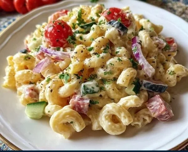 Delicious classic creamy Italian macaroni salad in a serving bowl