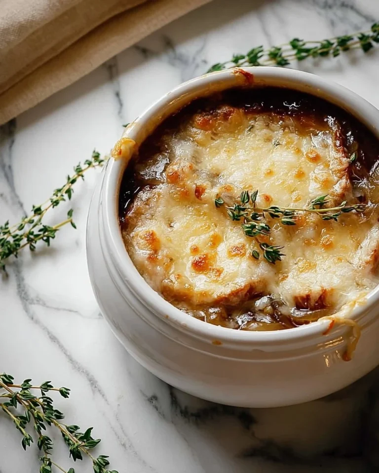 Bowl of classic French onion soup topped with melted cheese and fresh herbs.