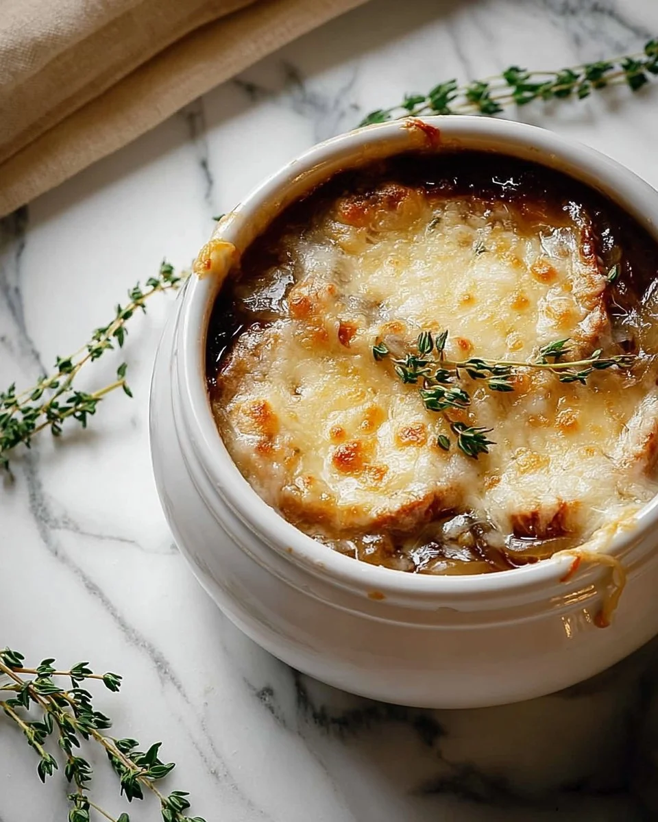 Bowl of classic French onion soup topped with melted cheese and fresh herbs.