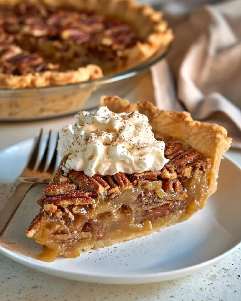Delicious slice of classic pecan pie on a rustic wooden table