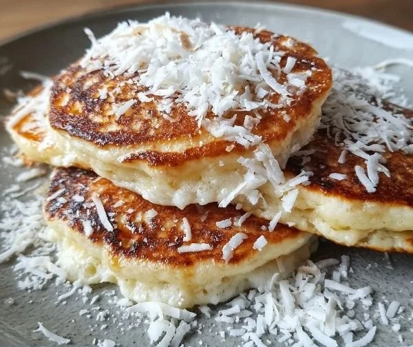 Fluffy coconut cream pancakes stacked and drizzled with syrup on a plate.