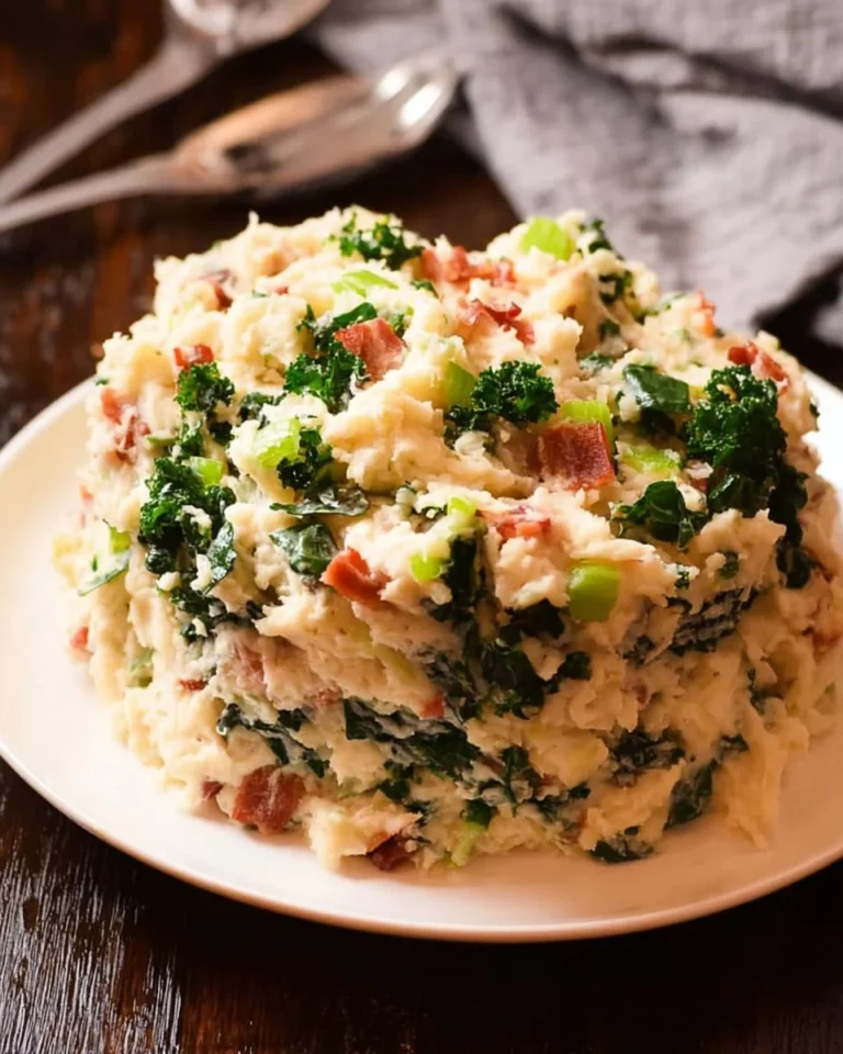 Delicious serving of Colcannon, traditional Irish mashed potatoes with greens.