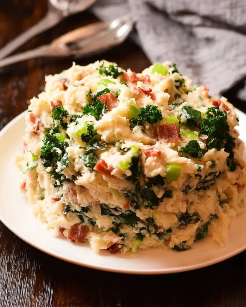 Delicious serving of Colcannon, traditional Irish mashed potatoes with greens.