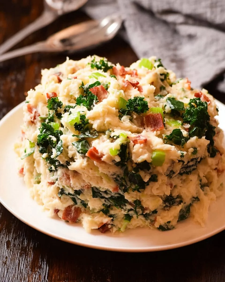 Delicious serving of Colcannon, traditional Irish mashed potatoes with greens.