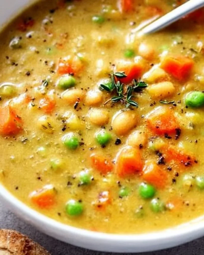 Bowl of comforting one-pot creamy vegetable soup with fresh vegetables