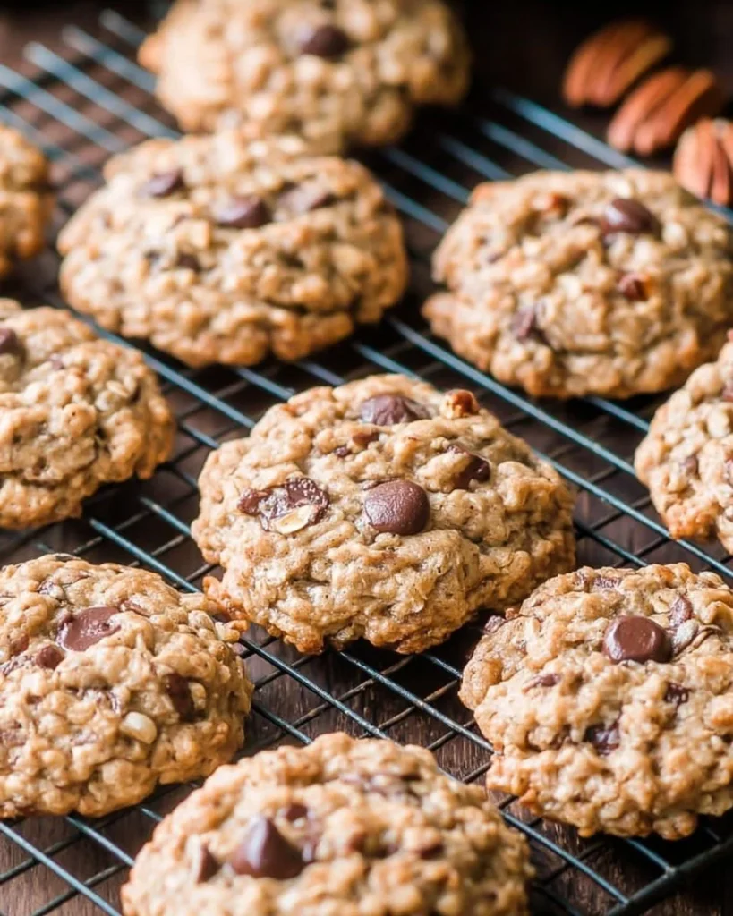 Delicious Cowboy Cookies with oats and chocolate chips on a plate.