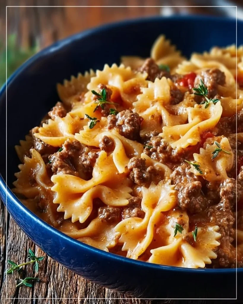 Creamy beef and bowtie pasta served in a bowl with herbs garnish