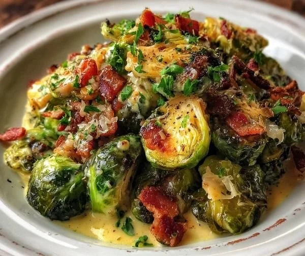 Creamy Brussels sprouts with crispy bacon served on a plate