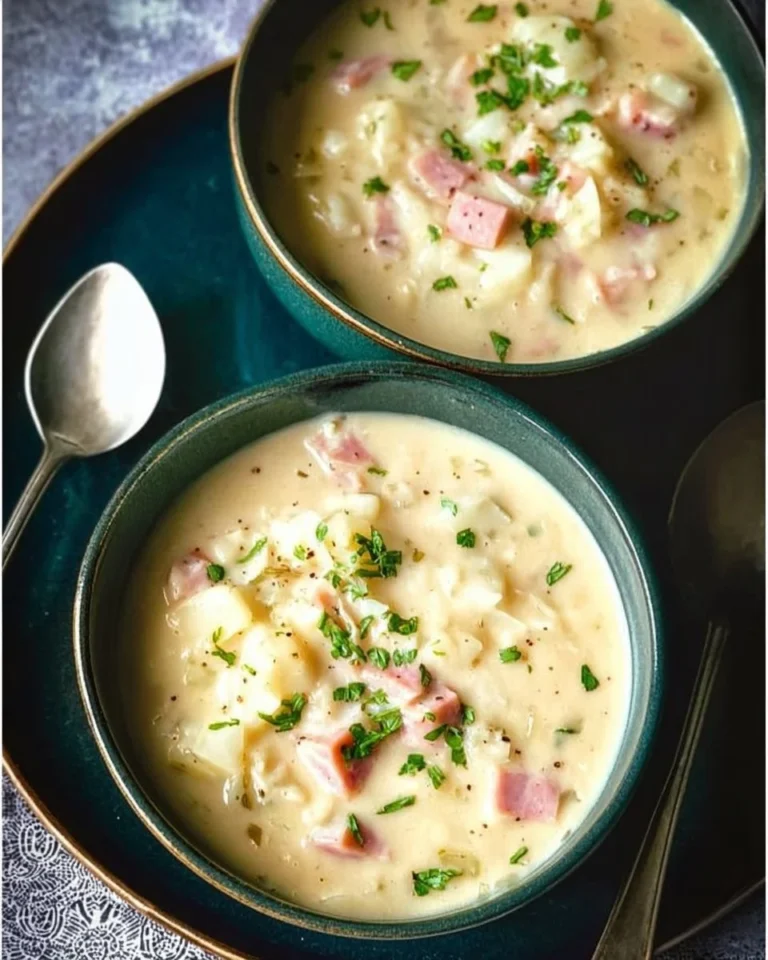 Bowl of creamy cabbage and potato soup garnished with fresh herbs