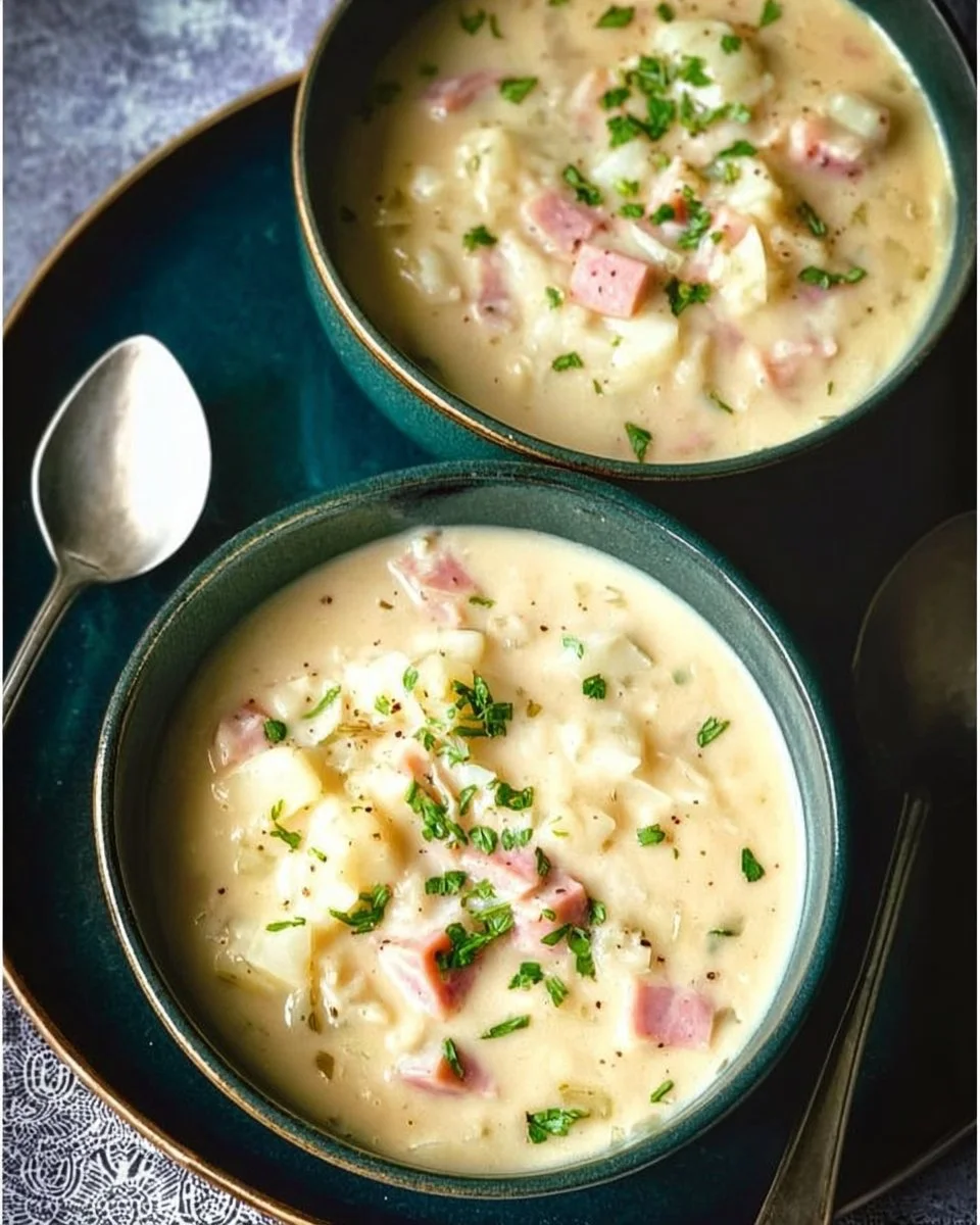 Bowl of creamy cabbage and potato soup garnished with fresh herbs