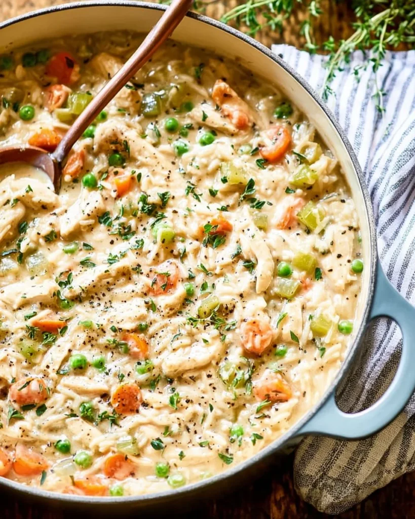 Bowl of creamy chicken and rice soup garnished with herbs and served warm