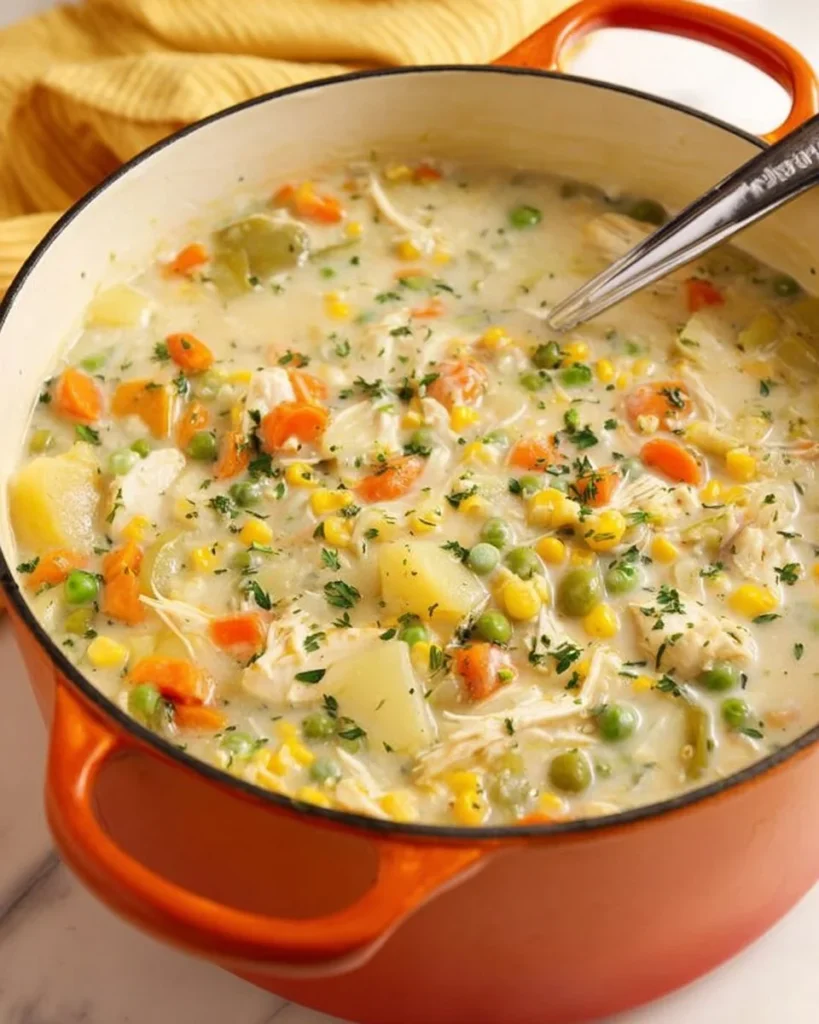 Bowl of creamy Chicken Corn Chowder garnished with herbs and served with crusty bread.