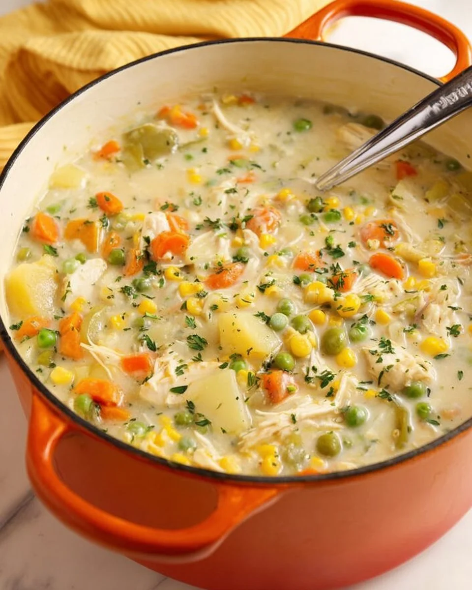 Bowl of creamy Chicken Corn Chowder garnished with herbs and served with crusty bread.
