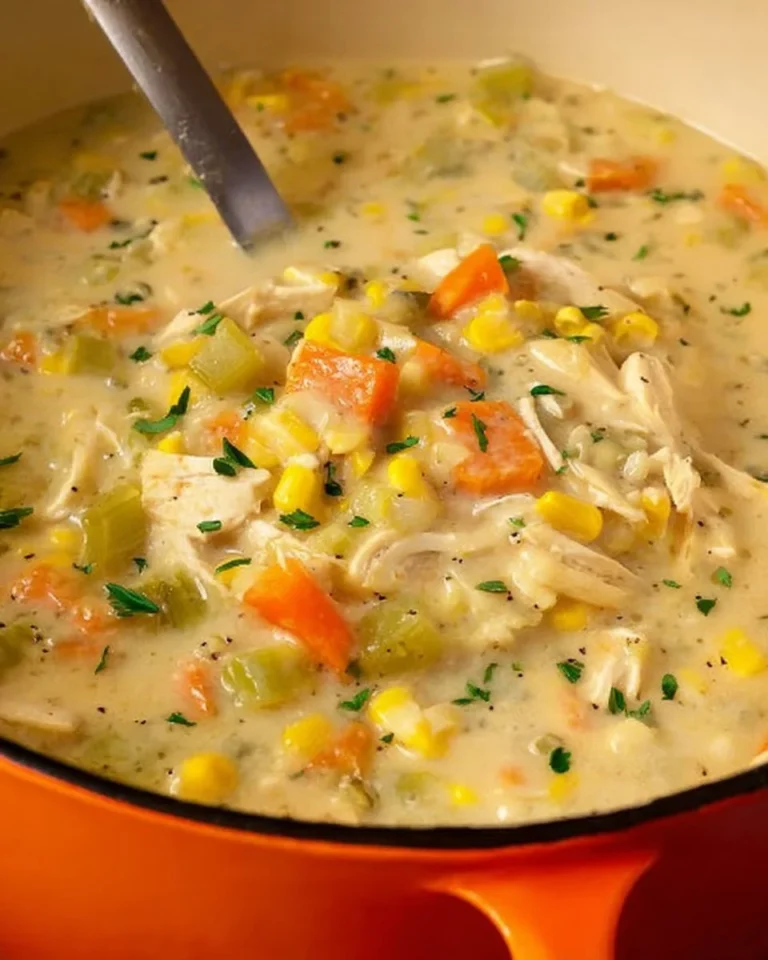 Bowl of creamy chicken corn chowder garnished with herbs