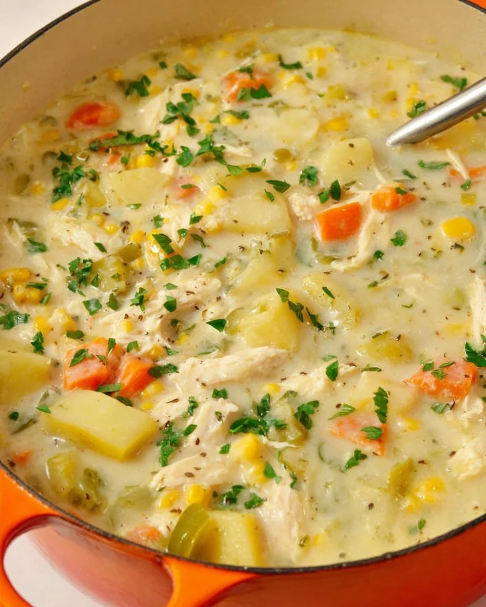 Bowl of creamy Chicken Corn Chowder topped with herbs and served with bread