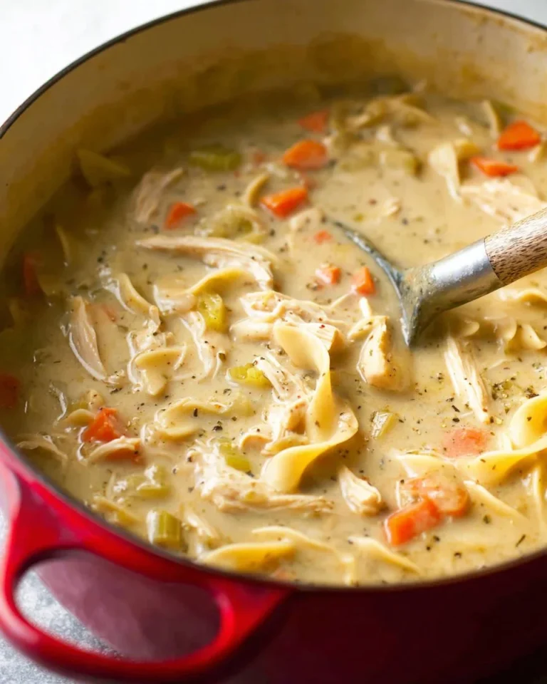 Creamy chicken noodle soup garnished with herbs in a white bowl