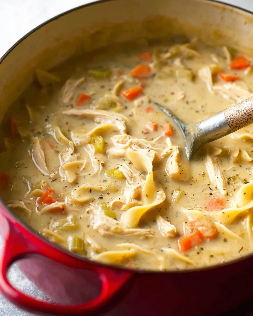 Creamy chicken noodle soup garnished with herbs in a white bowl