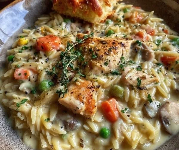 Creamy chicken pot pie orzo dish, featuring chicken and vegetables in a rich sauce.