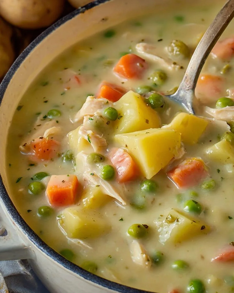 Creamy chicken pot pie soup served in a bowl with vegetables and herbs